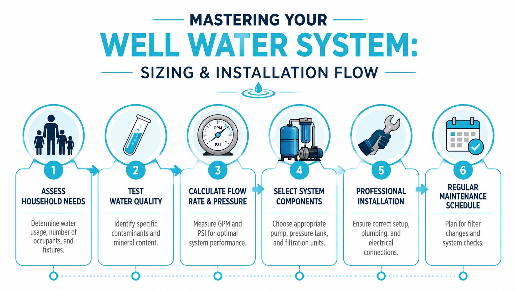 An infographic detailing the six-step process for sizing and installing a residential well water system.