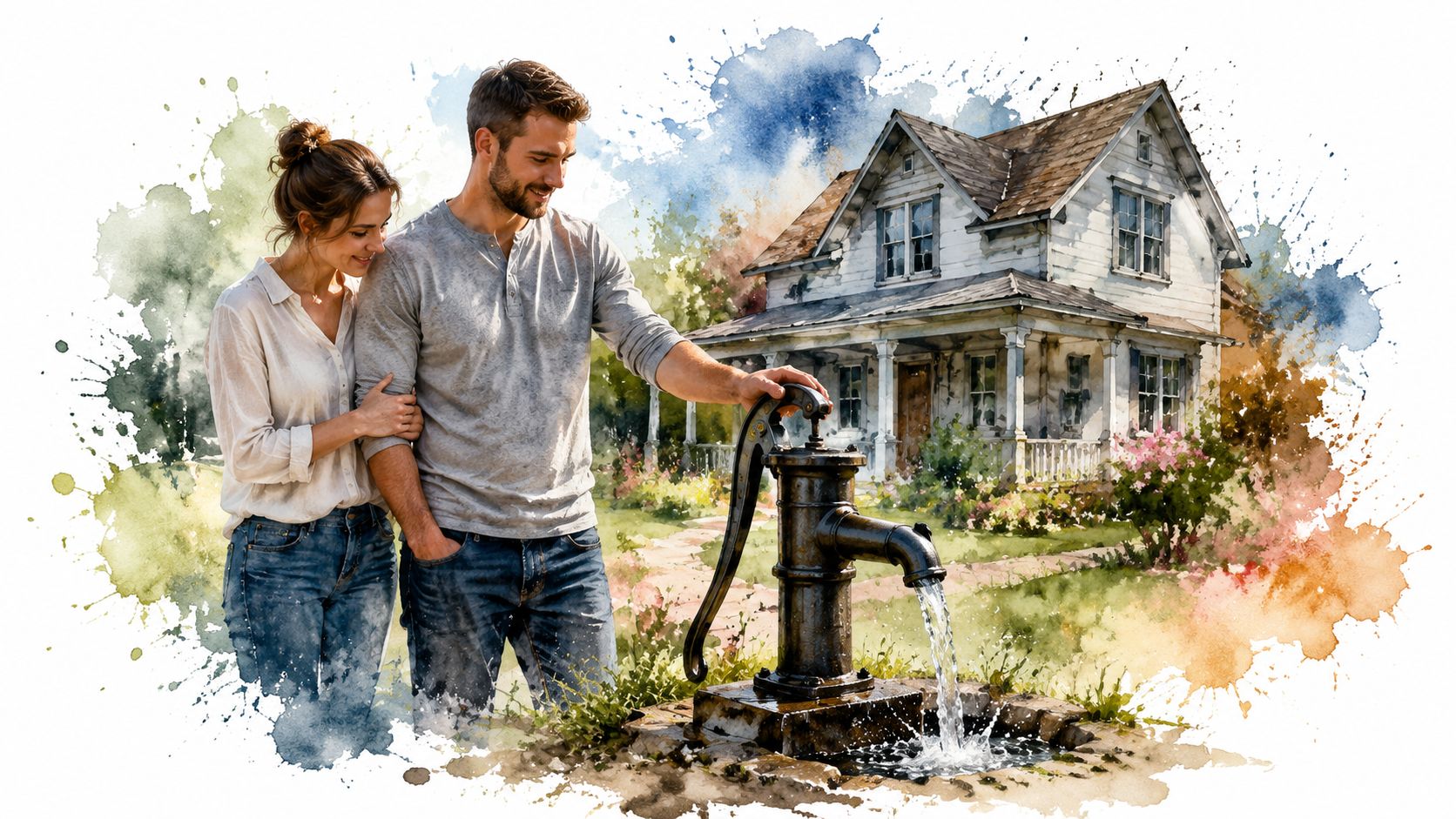 A happy couple standing together in a garden next to a vintage water pump and house.