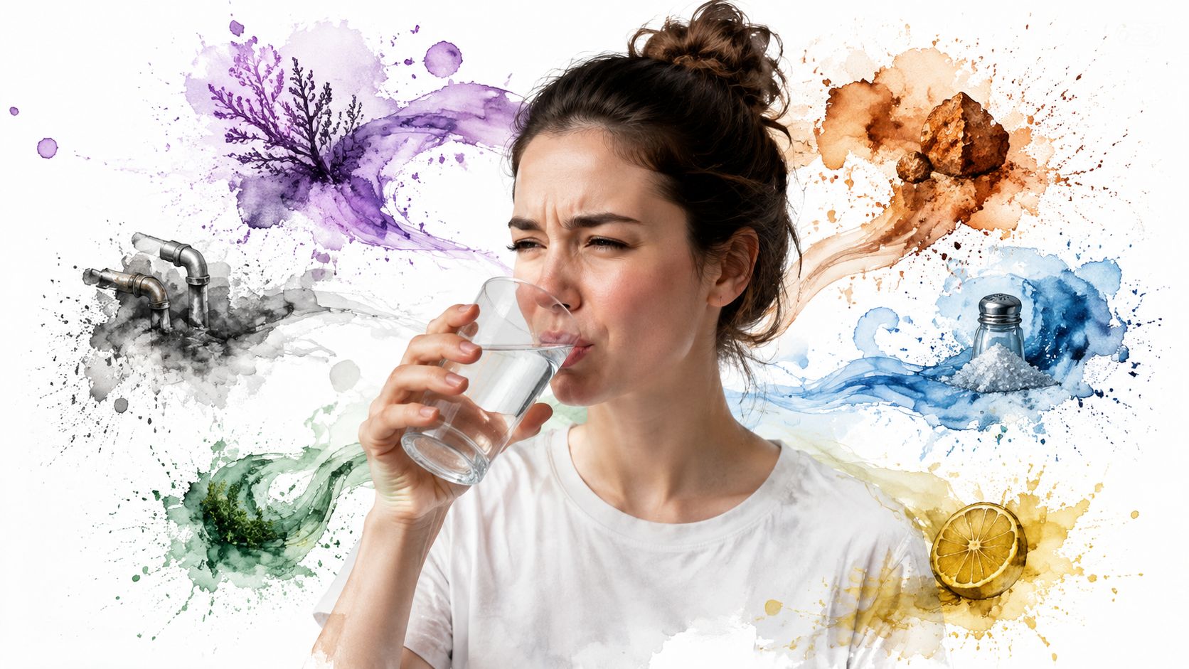 A woman making a disgusted face while drinking a glass of tap water surrounded by artistic elements representing potential water impurities.