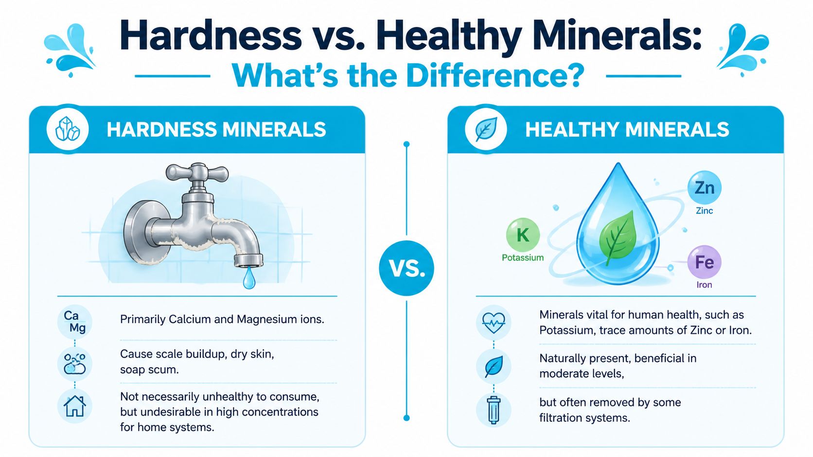 An infographic comparing hard water minerals like calcium and magnesium against beneficial minerals like potassium, zinc, and iron.