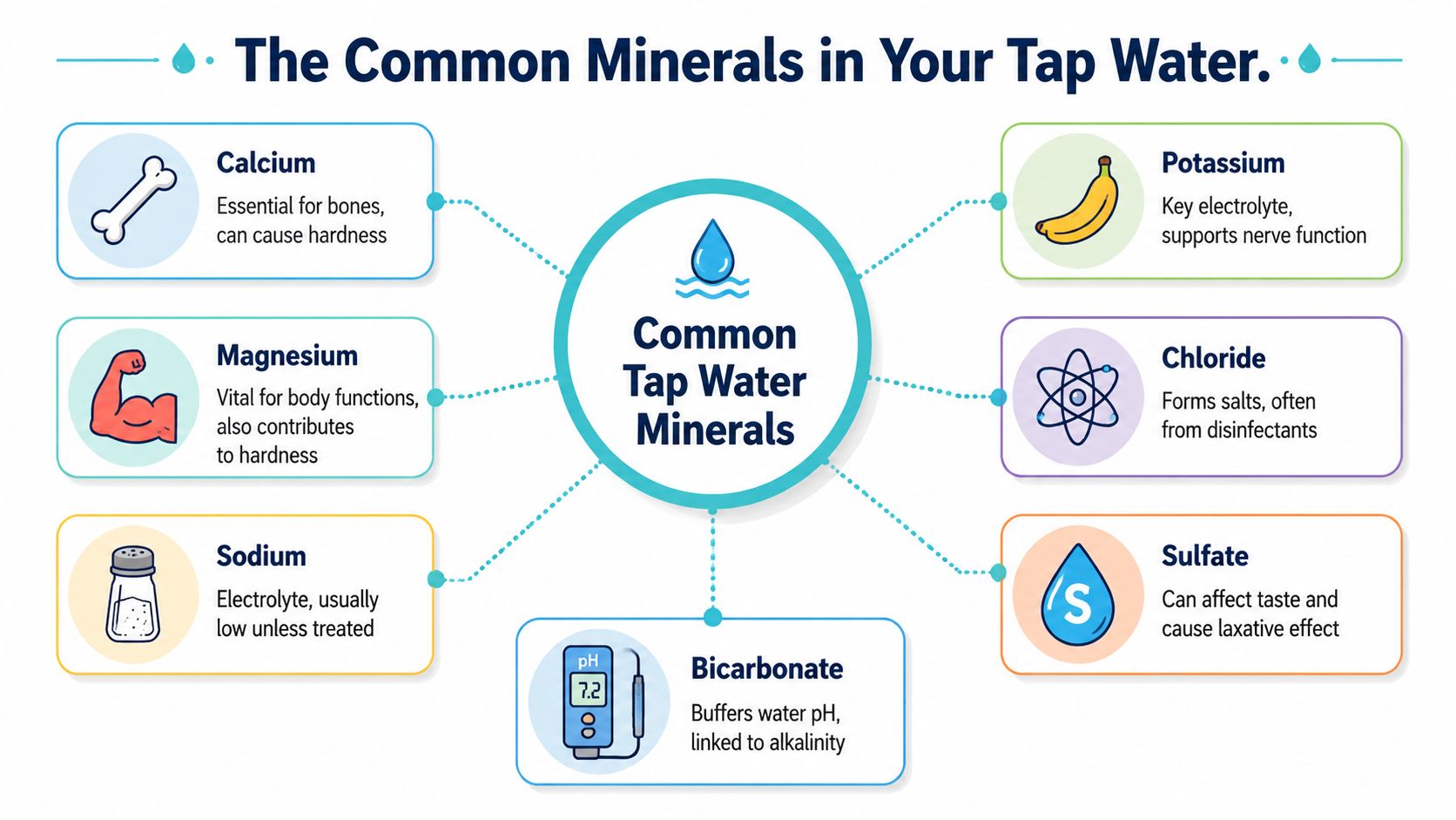 An infographic detailing common minerals found in tap water such as calcium, magnesium, sodium, potassium, chloride, and sulfate.