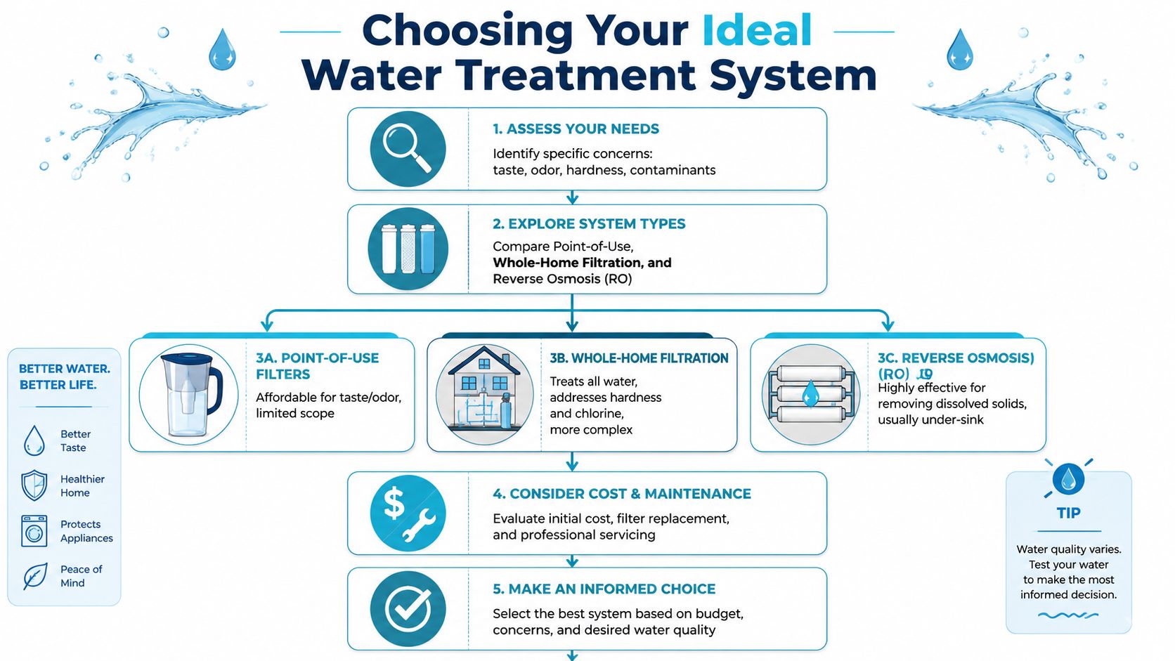 An infographic titled Choosing Your Ideal Water Treatment System detailing the steps to select water filtration.