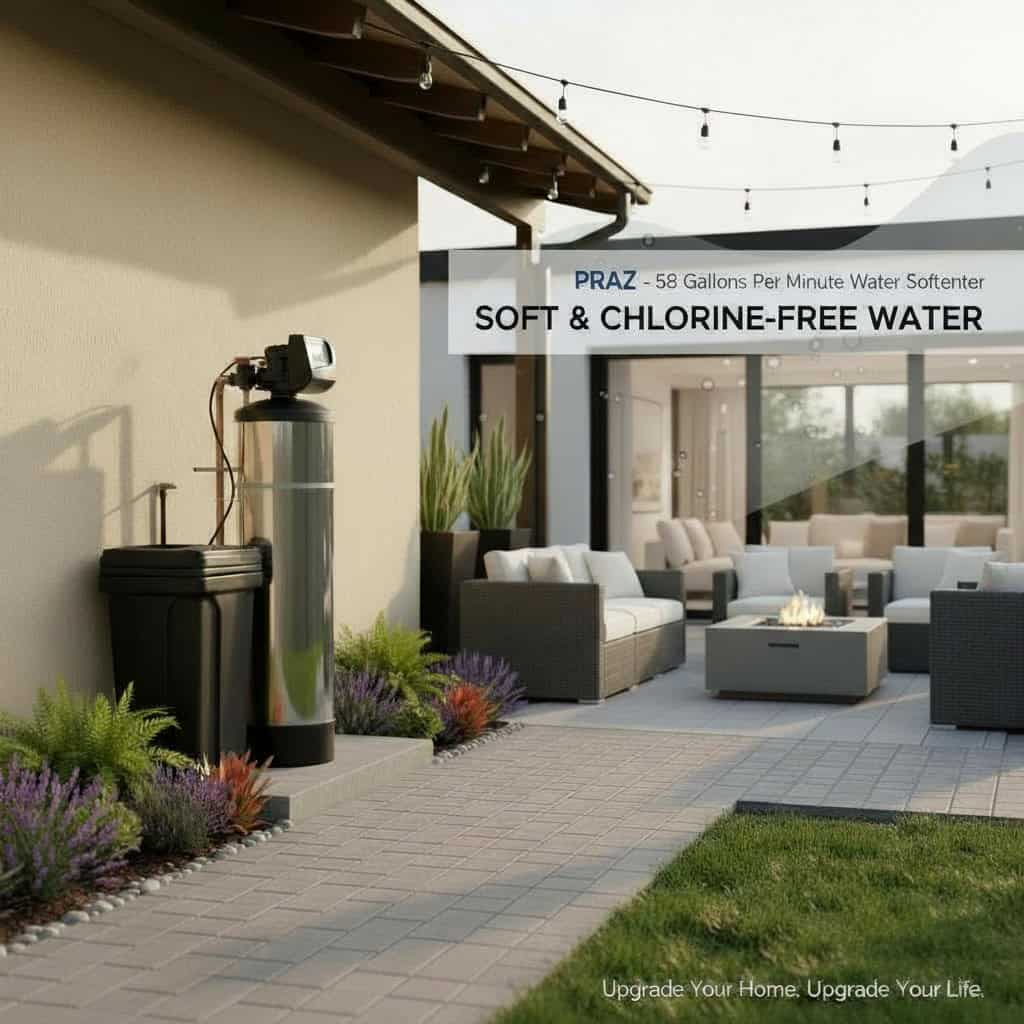 Praz 58 gallons per minute chrome water softener installed on a home patio
